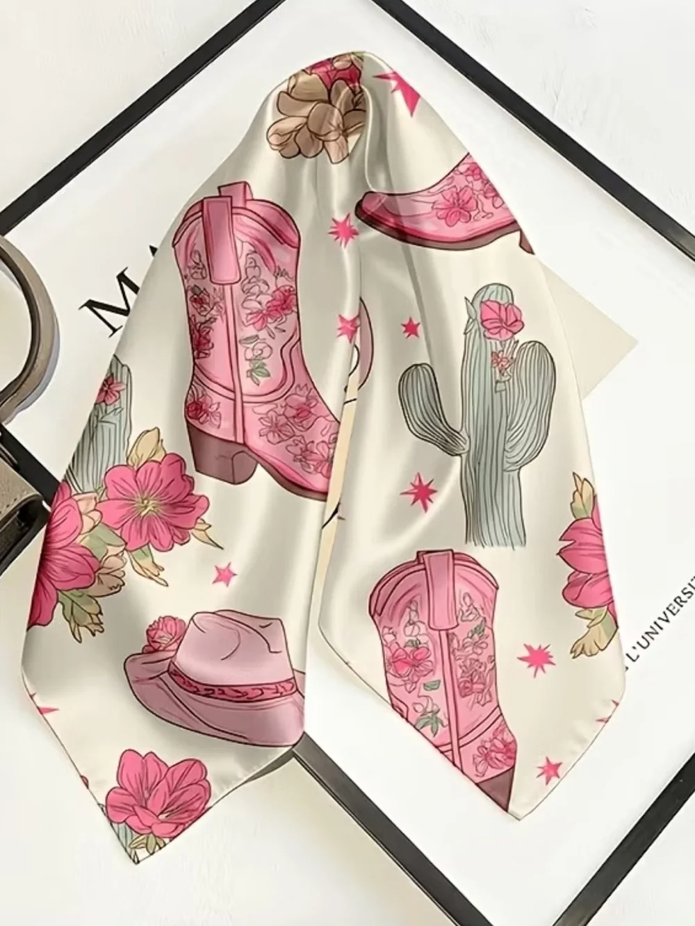 Pink Western Boots & Hat Print Silky Scarf 35”